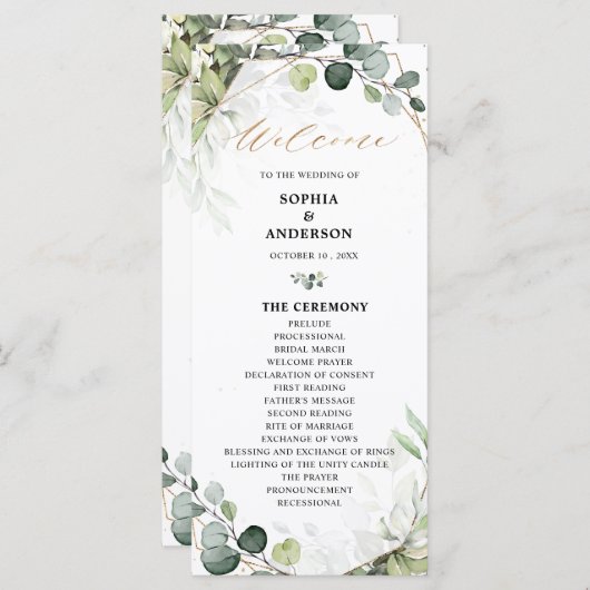 Eucalyptus Sage Greenery Modern Geometric Wedding Programmakaart (Voorkant / Achterkant)