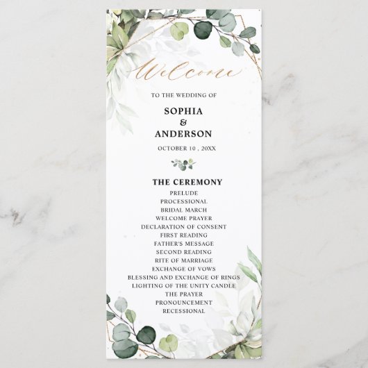 Eucalyptus Sage Greenery Modern Geometric Wedding Programmakaart (Voorkant)