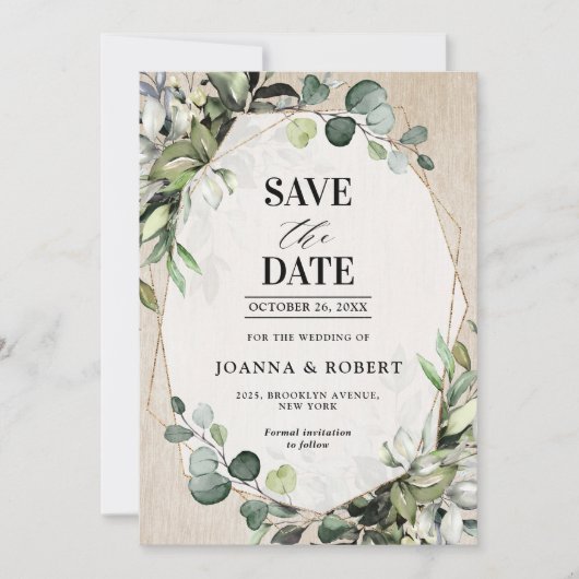 Eucalyptus Sage Greenery Modern Geometric Wedding Save The Date (Voorkant)