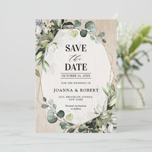 Eucalyptus Sage Greenery Modern Geometric Wedding Save The Date (Staand voorkant)