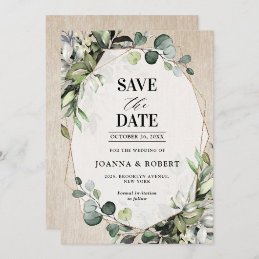 Eucalyptus Sage Greenery Modern Geometric Wedding Save The Date (Voorkant / Achterkant)
