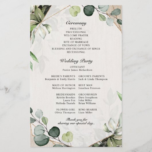 Eucalyptus Sage Greenery Modern Wedding Programme (Achterkant)