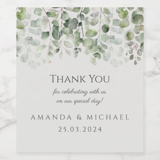 Eucalyptus Sage Groene bruiloft Dank u Wijn Etiket (Enkel label)