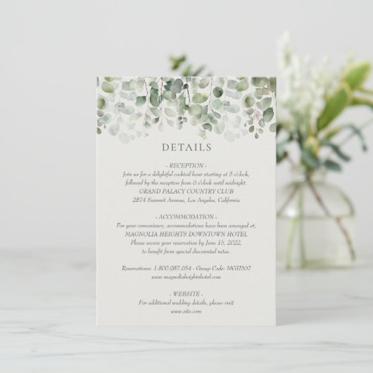 Eucalyptus Sage Groene Bruiloft Details Informatiekaartje (Staand voorkant)