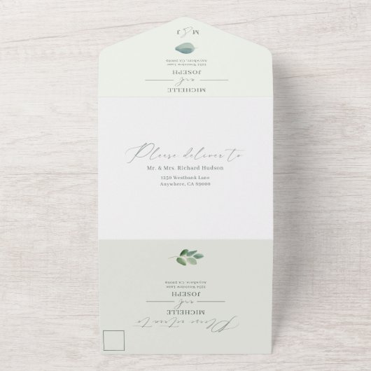 Eucalyptus Sage Groene Waterverf Huwelijk All In One Uitnodiging (Buitenkant)
