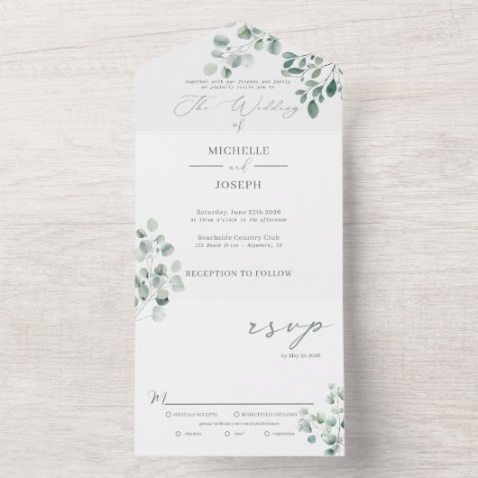 Eucalyptus Sage Groene Waterverf Huwelijk All In One Uitnodiging (Binnen)