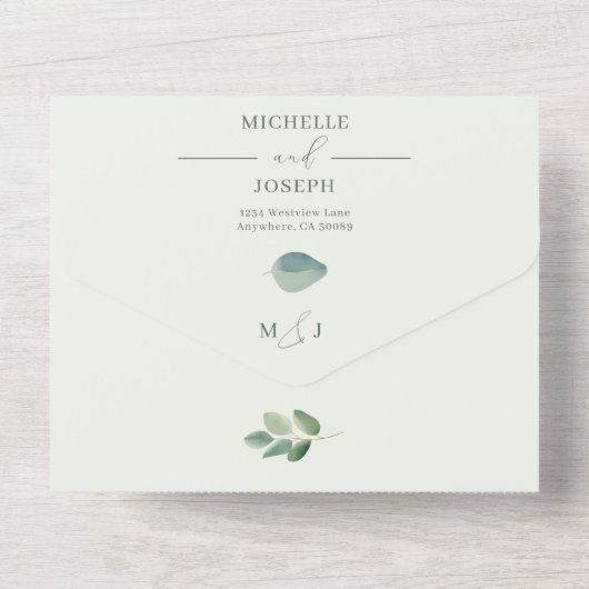 Eucalyptus Sage Groene Waterverf Huwelijk All In One Uitnodiging (Achterkant)