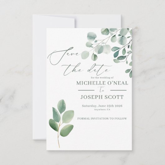 Eucalyptus Sage Groene Waterverf Huwelijk Save The Date (Voorkant)