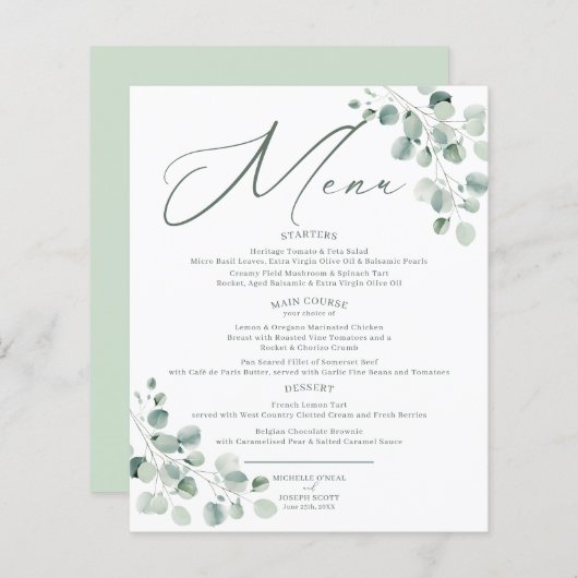 Eucalyptus Sage Groene Waterverf Trouwmenu (Voorkant / Achterkant)