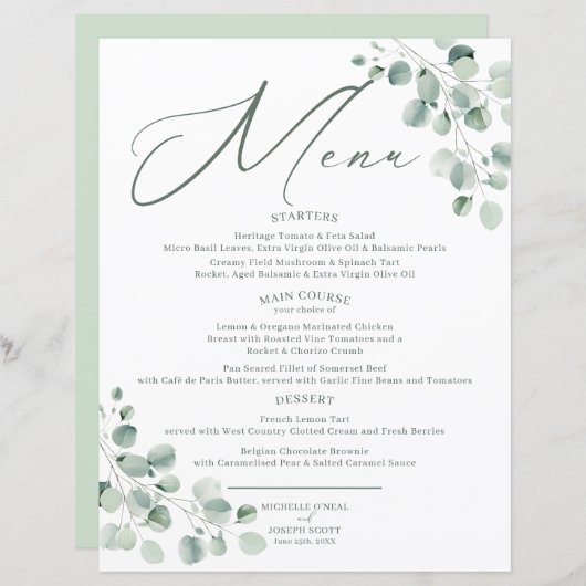 Eucalyptus Sage Groene Waterverf Trouwmenu (Voorkant / Achterkant)