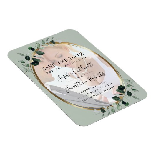 Eucalyptus Sage Photo Weddenschap Save the Date Ma Magneet (Rechterzijde)
