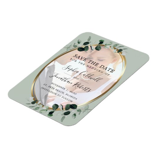 Eucalyptus Sage Photo Weddenschap Save the Date Ma Magneet (Linkerzijde)