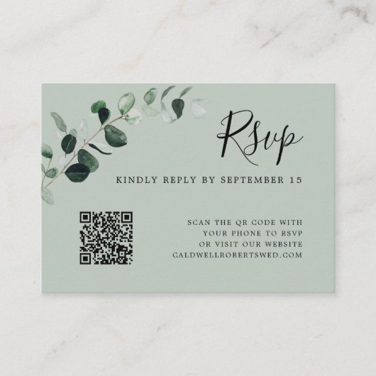 Eucalyptus Sage QR Code Weddenschap RSVP Informatiekaartje (Voorkant)