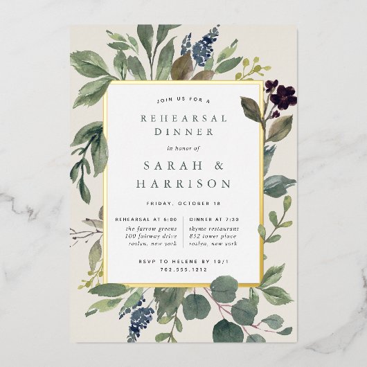 Eucalyptus & Sage Rehearsal Dinner Folie Uitnodiging (Voorkant)