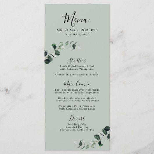 Eucalyptus Sage Romantic Calligraphy Wedding Menu (Voorkant)
