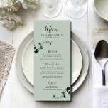 Eucalyptus Sage Romantic Calligraphy Wedding Menu<br><div class="desc">Emerald Hued Eucalyptus op Sage Romantic Calligraphy Wedding Menu.. Eucalyptus met Emerald-hued waterverf verlaat lijst van uw menupunten op onze aangepaste sjabloon voor het huwelijksontvangstmenu. Op een lichte achtergrond, toont de verticale kaart de namen van de bruid en de bruidegom en de trouwdatum in elegante serif typografie net onder de...</div>