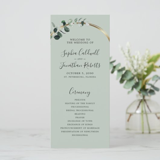 Eucalyptus Sage Romantic Calligraphy Wedding Programmakaart (Staand voorkant)