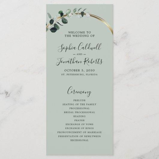 Eucalyptus Sage Romantic Calligraphy Wedding Programmakaart (Voorkant)