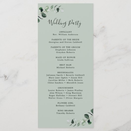 Eucalyptus Sage Romantic Calligraphy Wedding Programmakaart (Achterkant)