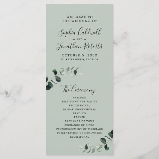 Eucalyptus Sage Romantic Calligraphy Wedding Programmakaart (Voorkant)
