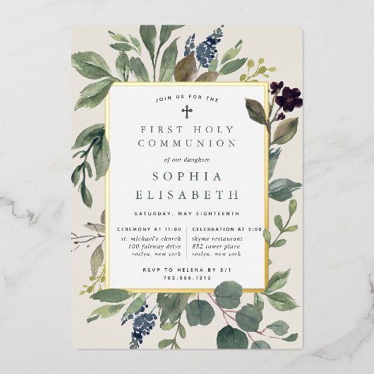 Eucalyptus & Salie Eerste Heilige Communie Folie Uitnodiging (Voorkant)