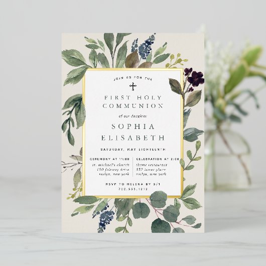 Eucalyptus & Salie Eerste Heilige Communie Folie Uitnodiging (Staand Voorkant)