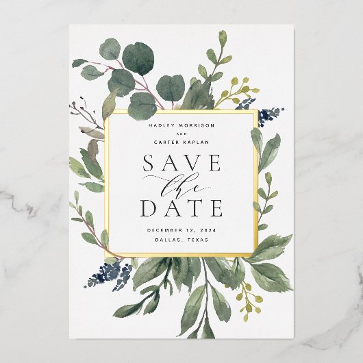 Eucalyptus & Salie Folie Save the Date Kaart (Voorkant)