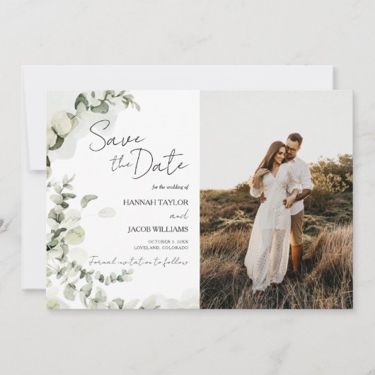 eucalyptus salie groen foto bruiloft save the date (Voorkant)