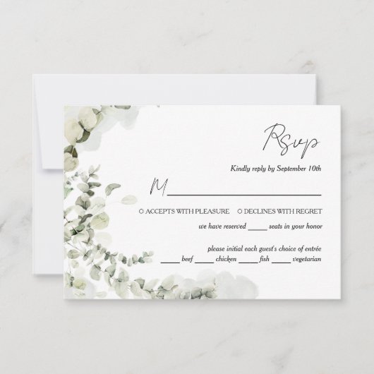 Eucalyptus Salie Groen met Maaltijdkeuze RSVP Kaartje (Voorkant)