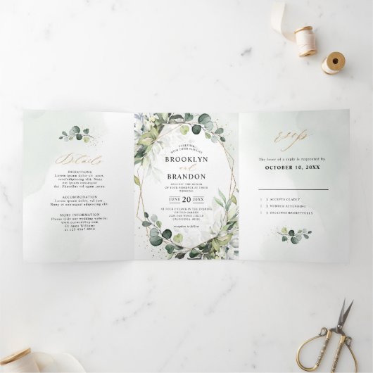 Eucalyptus Salie Groene Moderne Geometrische Trouw Drieluik Aankondiging (Binnen)