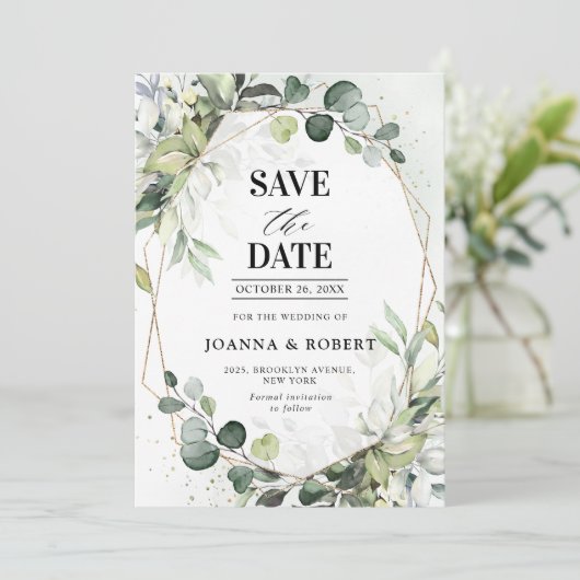 Eucalyptus Salie Groene Moderne Geometrische Trouw Save The Date (Staand voorkant)