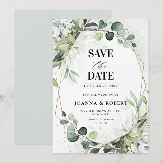 Eucalyptus Salie Groene Moderne Geometrische Trouw Save The Date (Voorkant / Achterkant)