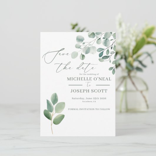 Eucalyptus Salie Groene Waterverf Trouwfeest Save The Date (Staand voorkant)