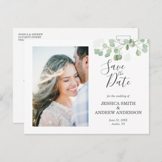 Eucalyptus Save the Date Briefkaart Elegant Greene (Voorkant / Achterkant)