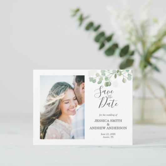 Eucalyptus Save the Date Briefkaart Elegant Greene (Staand voorkant)