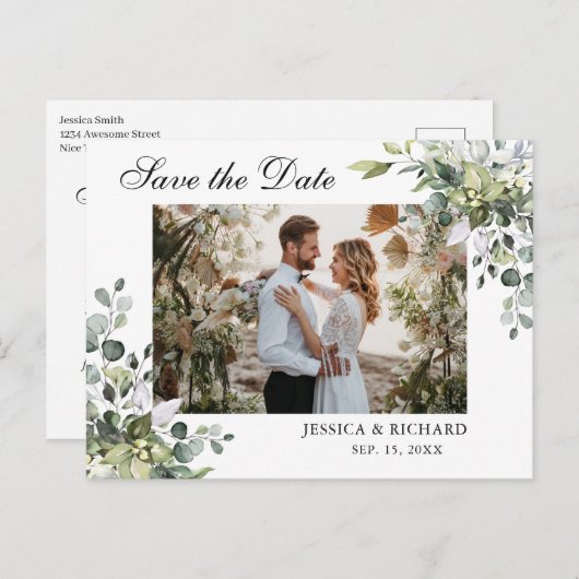 Eucalyptus Save the Date PHOTO Invitation Briefkaa Briefkaart (Voorkant / Achterkant)