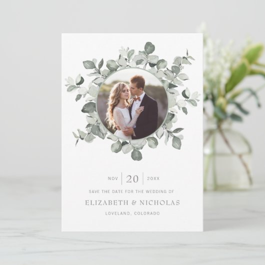 Eucalyptus Save the Date Photo Wedding (Staand voorkant)