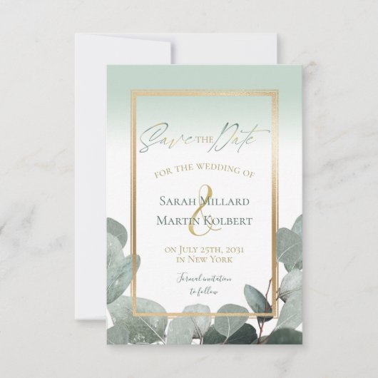 Eucalyptus Save the Date Sage green bruiloft (Voorkant)