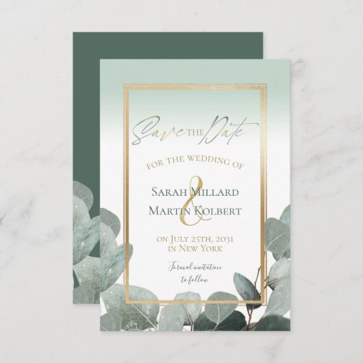 Eucalyptus Save the Date Sage green bruiloft (Voorkant / Achterkant)