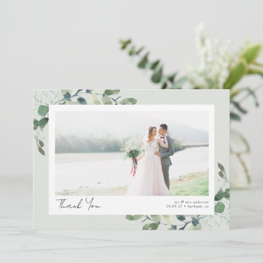 Eucalyptus Script 2 Fotobruiloft Bedankkaart (Staand voorkant)