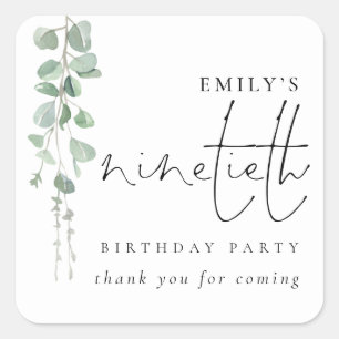 Eucalyptus Script 90th Verjaardag Bedankt Vierkante Sticker
