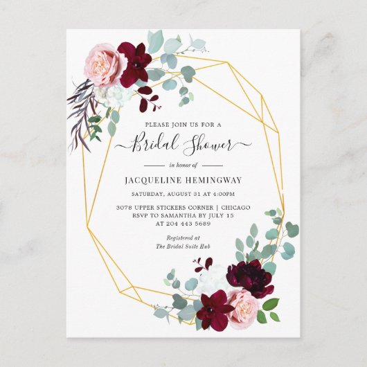 Eucalyptus Script Burgundy Floral Vrijgezellenfees Uitnodiging Briefkaart (Voorkant)