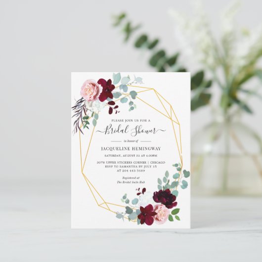 Eucalyptus Script Burgundy Floral Vrijgezellenfees Uitnodiging Briefkaart (Staand voorkant)