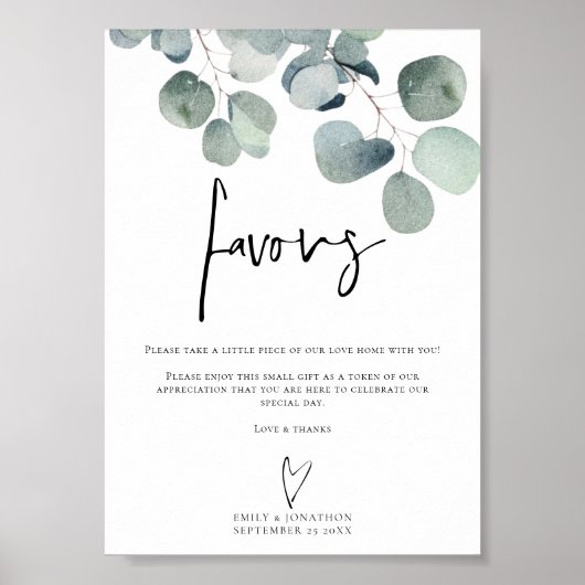Eucalyptus Script Favors Afdrukbare trouwteken Poster (Voorkant)