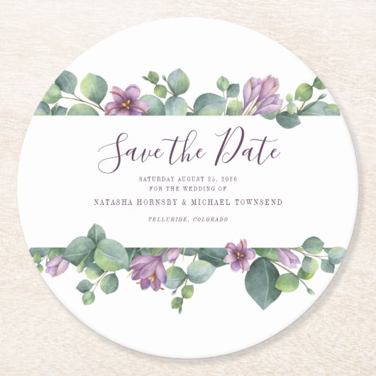 Eucalyptus Script Floral Waterverf Save the Date Ronde Kartonnen Onderzetter (Voorkant)