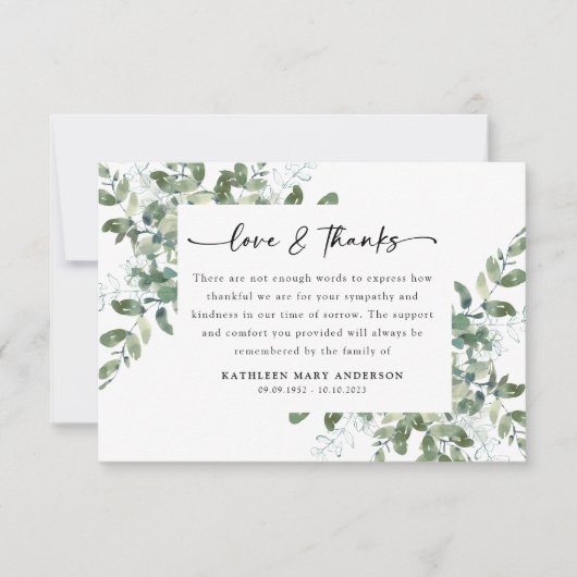 Eucalyptus Script Foto Begrafenis Bedankkaart (Voorkant)