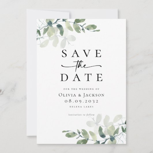 Eucalyptus Script Fotobruiloft Save The Date (Voorkant)