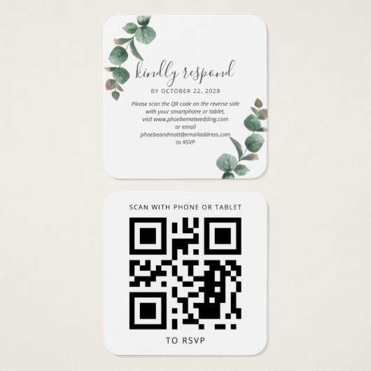 Eucalyptus Script Greenery Wedding QR Code RSVP Vierkante Visitekaartjes (Voorkant /achterkant)
