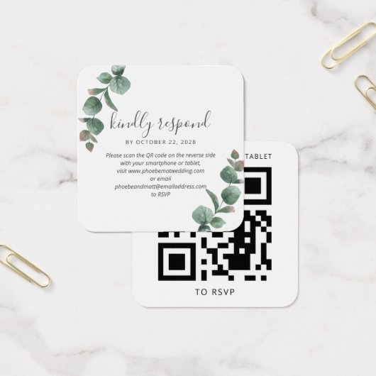 Eucalyptus Script Greenery Wedding QR Code RSVP Vierkante Visitekaartjes (Kantoor)