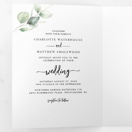 Eucalyptus Script groen foto bruiloft Drieluik Uitnodiging (Binnenzijde eerst)